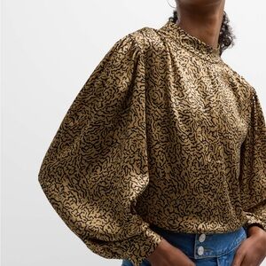 Frame Denim shirred Mock with Balloon Sleeves gold and black pattern